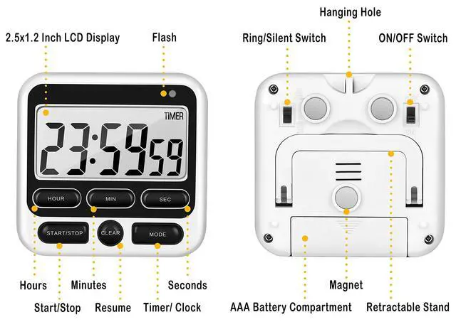Alt view image 7 of 7 - Digital Kitchen Timer with Mute/Loud Alarm Switch ON/Off Switch, 12-Hour Clock & Alarm, Memory Function Count Up & Count Down for Kids Teachers Cooking, Large LCD Display, Strong Magnet (Black)