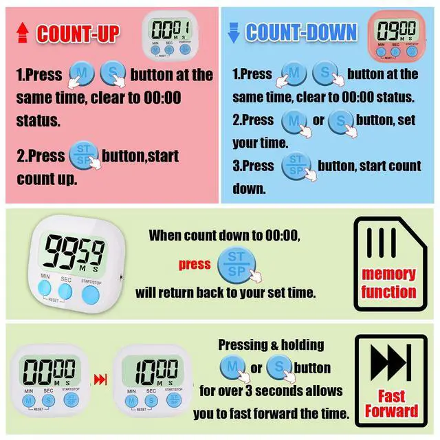 Alt view image 4 of 6 - 4-Piece Multi-Function Electronic Timer, Learning Management, Suitable for Kitchen, Study, Work, Exercise Training, Outdoor Activities(not Including Battery).