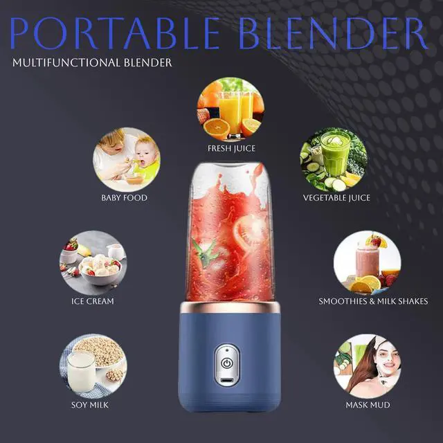 Alt view image 2 of 7 - Portable Blender 14oz for Juices & Smoothies with 6 blades Puwerful performances Fusion Blender | USB Rechargeable, Lid, Cup included | Fit for travel and outdoor activities (Navy Blue)