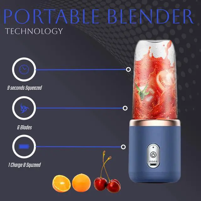 Alt view image 6 of 7 - Portable Blender 14oz for Juices & Smoothies with 6 blades Puwerful performances Fusion Blender | USB Rechargeable, Lid, Cup included | Fit for travel and outdoor activities (Navy Blue)