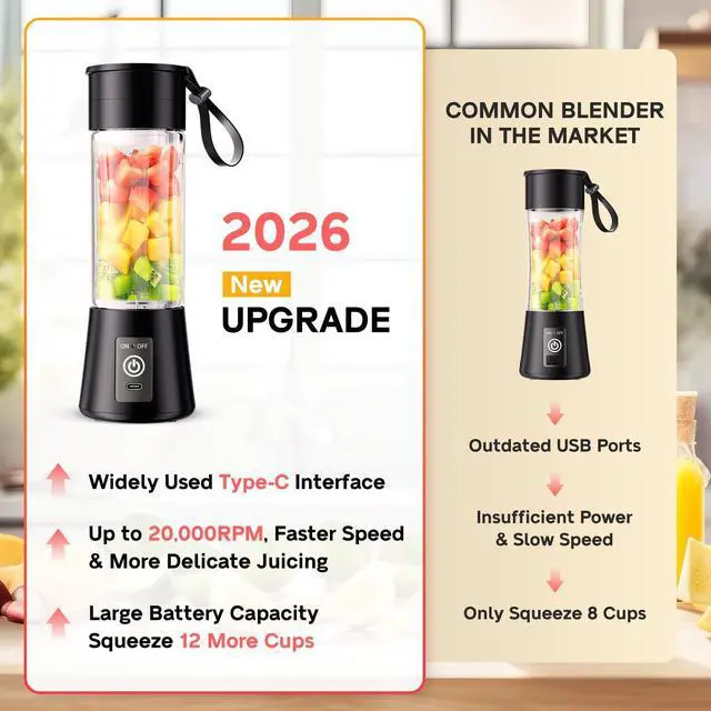 Alt view image 6 of 7 - 2026 Newly Upgraded Portable Smoothie Blender - Cordless Personal Blender Type-C Rechargeable, 13Oz Juice Cup BAP Free, 20,000Rpm Speed Powerful Blending, Freshly Squeezed in Sports/Office