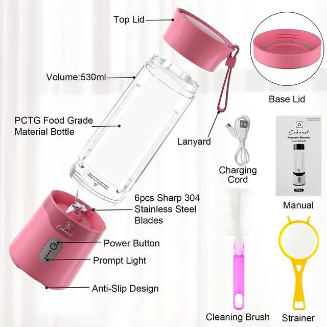 Alt view image 4 of 7 - 18oz Portable Blender, USB Rechargeable Personal Size Blenders, Smoothie Blender with 6 Blades for Protein & Shakes, Mini juicer with Extra Handle Lid for Travel Sports Outgoing, Pink