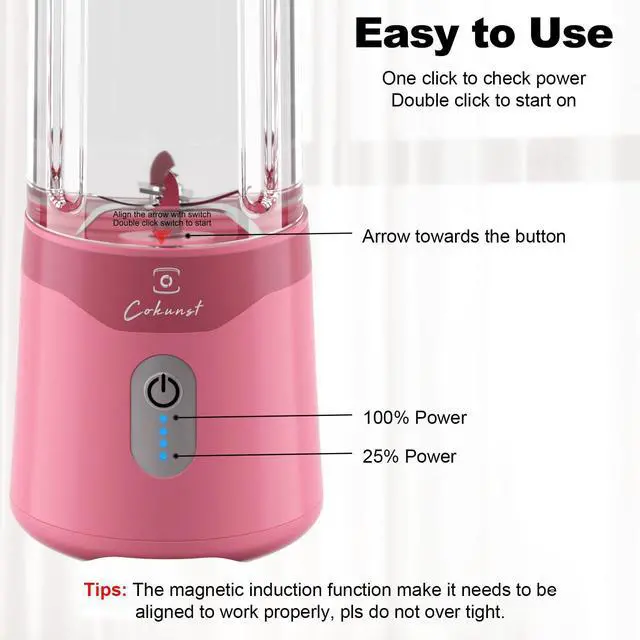 Alt view image 5 of 7 - 18oz Portable Blender, USB Rechargeable Personal Size Blenders, Smoothie Blender with 6 Blades for Protein & Shakes, Mini juicer with Extra Handle Lid for Travel Sports Outgoing, Pink