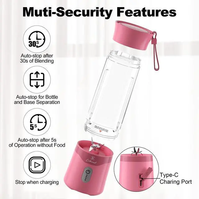 Alt view image 6 of 7 - 18oz Portable Blender, USB Rechargeable Personal Size Blenders, Smoothie Blender with 6 Blades for Protein & Shakes, Mini juicer with Extra Handle Lid for Travel Sports Outgoing, Pink