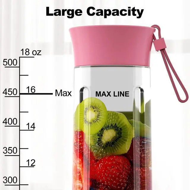 Alt view image 7 of 7 - 18oz Portable Blender, USB Rechargeable Personal Size Blenders, Smoothie Blender with 6 Blades for Protein & Shakes, Mini juicer with Extra Handle Lid for Travel Sports Outgoing, Pink