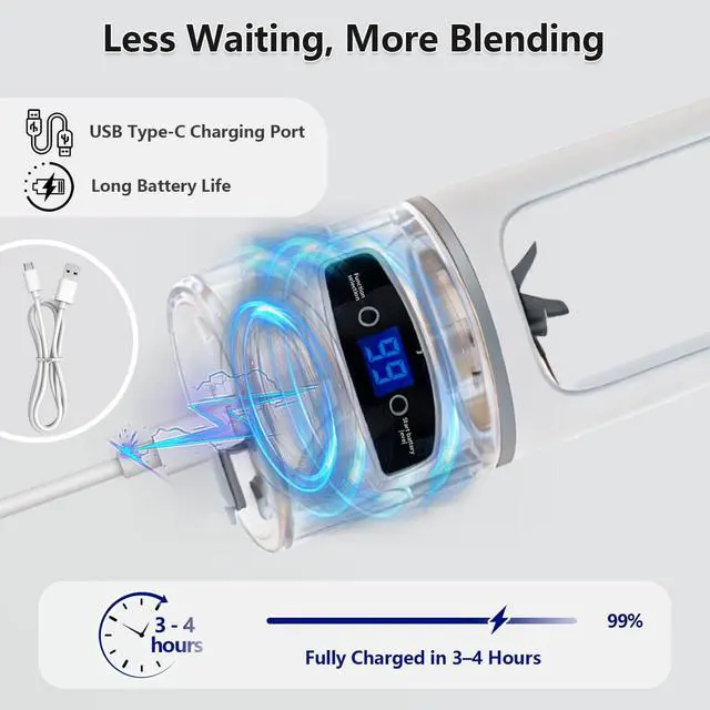 Alt view image 4 of 7 - Portable Personal Blender 600ML Mini Blender USB Rechargeable, 12-Blade Personal Size Smoothie & Shake Maker with 3 Timed Modes for Travel, Digital Display, Gym & Home