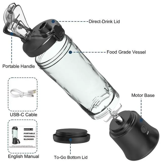 Alt view image 7 of 7 - Portable Blender 20oz Vessel, Cordless Personal Size Blend with 6 Blade and a Travel Lid (Elegant Black)