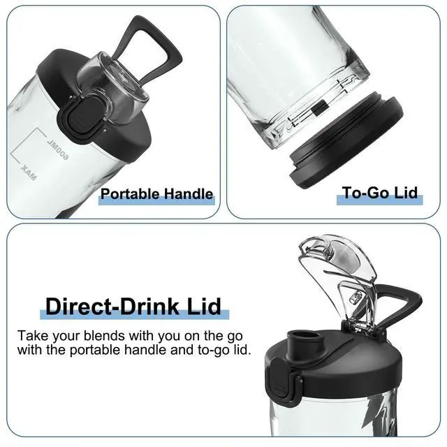 Alt view image 6 of 7 - Portable Blender 20oz Vessel, Cordless Personal Size Blend with 6 Blade and a Travel Lid (Elegant Black)