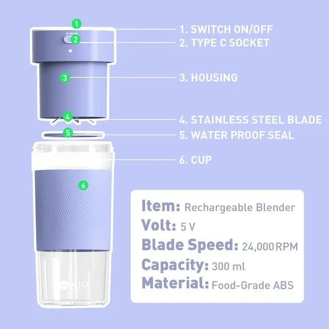Alt view image 3 of 7 - Portable Blender for Smoothies, 10oz Mini Personal USB-C Rechargeable Cordless Smoothie Maker & Handheld Protein Shake Blender, Quiet Small Travel Juicer for Office, Gym, Kitchen(Purple)