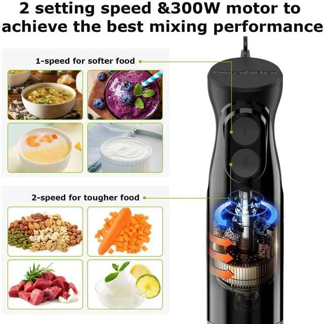 Alt view image 2 of 7 - Hand Blender, Immersion Blender with 2 Mixing Speed, Electric Handheld Mixer Portable Stick Mixer with Stainless Steel Blades for Soup, Smoothie, Puree, Baby Food