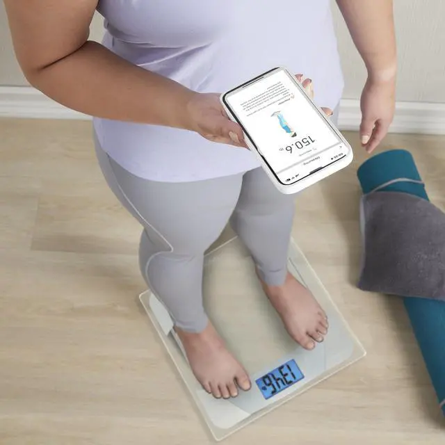 Alt view image 6 of 7 - Digital Scales for Body Weight, 400 LB Capacity, Unique Blue LCD, Stainless Steel Accents, Glass Platform, 12.2 x 12.2 Inches, Clear