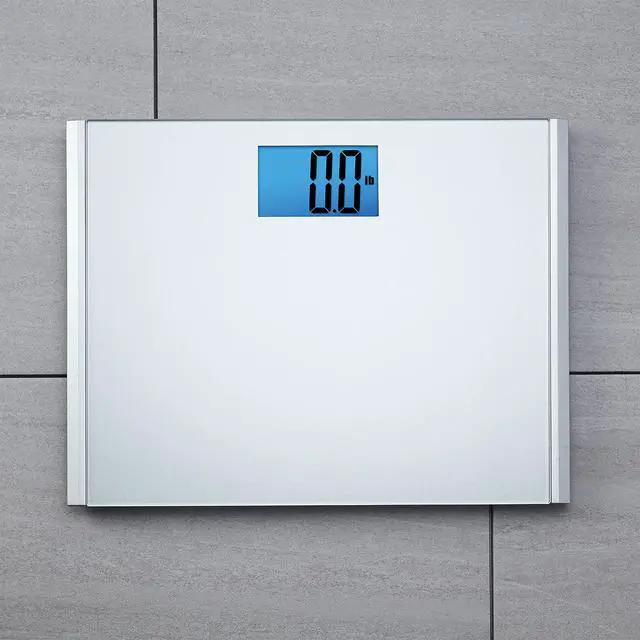Alt view image 6 of 7 - Precision Plus Digital Bathroom Scale, 440-lb Capacity, Wide Platform Body Analyzer with Step-On Technology, Stable Home Fitness Device for Weight Management, Grey