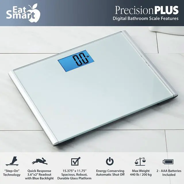Alt view image 5 of 7 - Precision Plus Digital Bathroom Scale, 440-lb Capacity, Wide Platform Body Analyzer with Step-On Technology, Stable Home Fitness Device for Weight Management, Grey