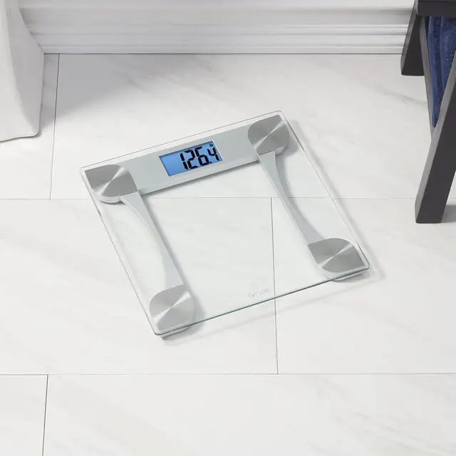 Alt view image 3 of 6 - Digital Glass Scale, Tracks Body Weight with Dependable Readings, Bathroom Device Measuring Up to 440 lb, Battery-Powered Model with Steady Platform for Daily Use, Clear