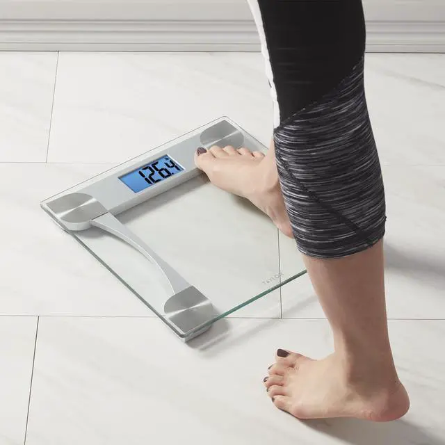 Alt view image 4 of 6 - Digital Glass Scale, Tracks Body Weight with Dependable Readings, Bathroom Device Measuring Up to 440 lb, Battery-Powered Model with Steady Platform for Daily Use, Clear