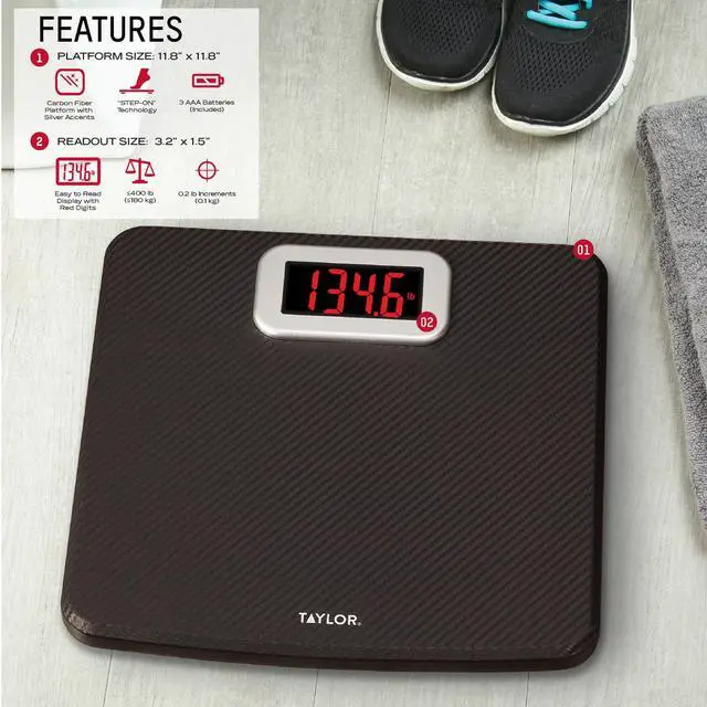 Alt view image 2 of 7 - Digital Bathroom Scale, Body Weight Scale 400 LB Capacity, Carbon Fiber Anti-Slip Mat, 11.8 x 11.8 Inch Platform, Black