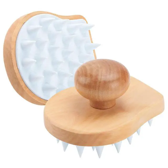 Alt view image 2 of 7 - Scalp Massager Shampoo Brush, Wooden Wet and Dry Hair Scalp Care Brush, Shower Brush Scalp Scrubber Exfoliator with Soft Silicone Bristles for Dandruff Removal, Hair Growth (White)