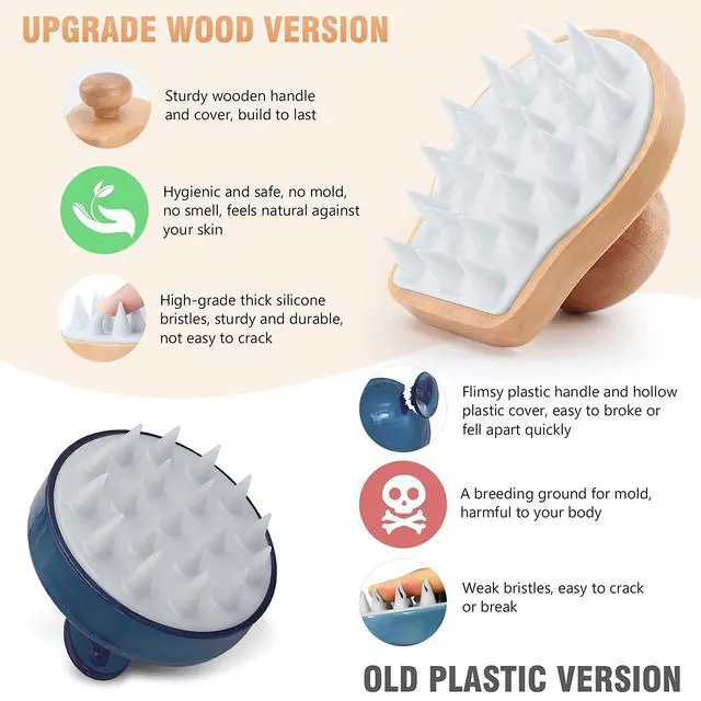 Alt view image 4 of 7 - Scalp Massager Shampoo Brush, Wooden Wet and Dry Hair Scalp Care Brush, Shower Brush Scalp Scrubber Exfoliator with Soft Silicone Bristles for Dandruff Removal, Hair Growth (White)