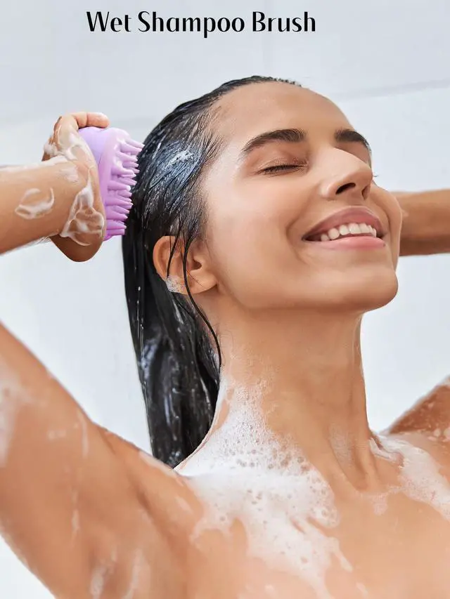 Alt view image 5 of 7 - Scalp Massager with Soft Silicone Bristles for Hair Growth, Dandruff Removal, and Scalp Relaxation - Shampoo Brush for Wet or Dry Hair (Green & Purple)