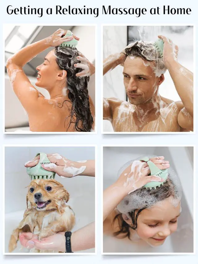 Alt view image 7 of 7 - Scalp Massager with Soft Silicone Bristles for Hair Growth, Dandruff Removal, and Scalp Relaxation - Shampoo Brush for Wet or Dry Hair (Green & Purple)