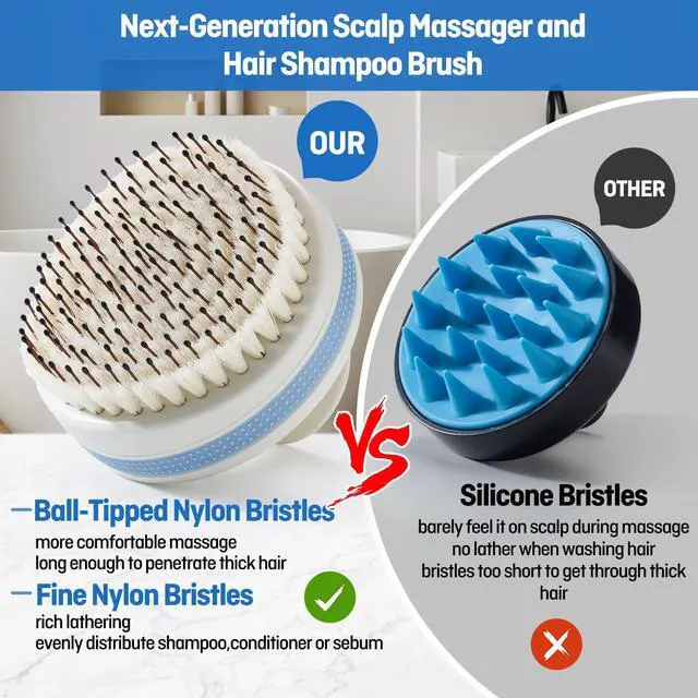 Alt view image 3 of 7 - Scalp Massager with Double-Layer Bristles,Anti-Slip Rich-Lathering Hair Washing Shampoo Brush,Curved Scalp Scrubber with Better Head Fit for Dandruff Removal,Wet&Dry Use Scalp Stimulator.