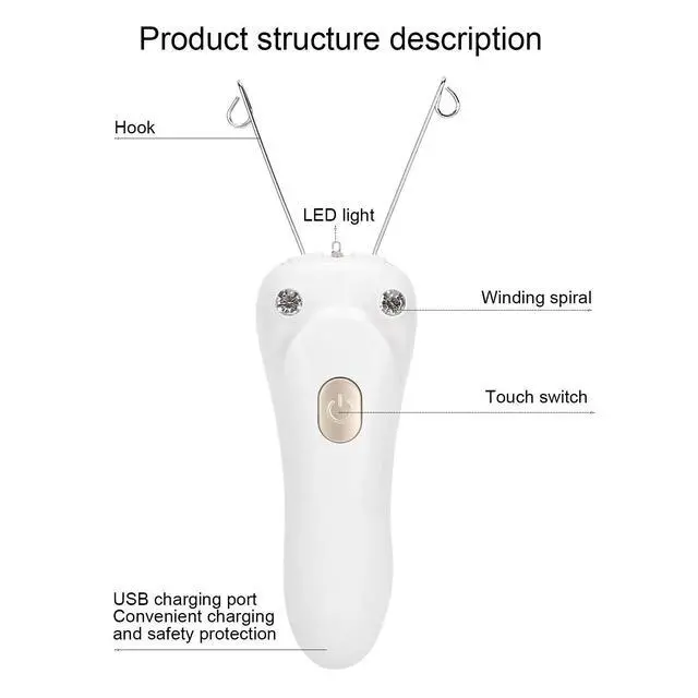 Alt view image 4 of 7 - Facial Threading Hair Removal, USB Rechargeable Electric Women Cordless Facial Threading Epilator Ladies Beauty Epilator Trimmer Cotton Threading Tool for Body Facial Pull(Gold)