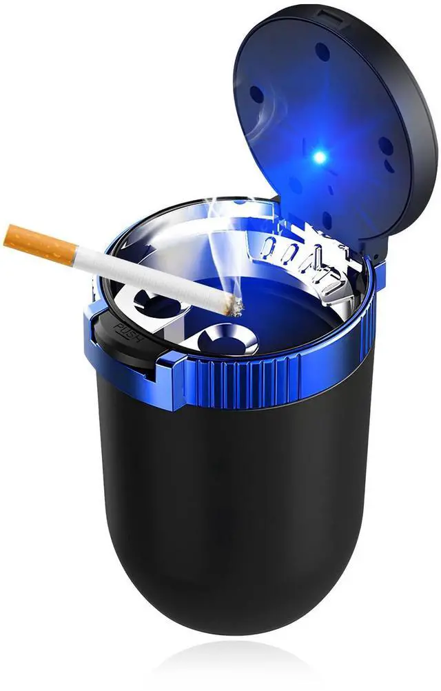 Main image of Car Ashtray with Lid, Smokeless Stainless Steel Vehicle Ash Tray with LED Light, Easy Clean Up Detachable Cylinder Ashtray Portable Trash Can for Road Trip, Car Accessories (Blue)