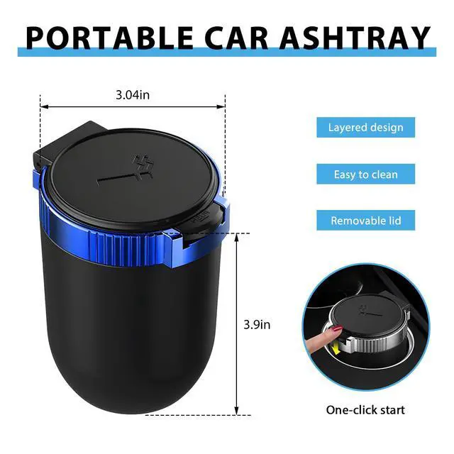 Alt view image 2 of 6 - Car Ashtray with Lid, Smokeless Stainless Steel Vehicle Ash Tray with LED Light, Easy Clean Up Detachable Cylinder Ashtray Portable Trash Can for Road Trip, Car Accessories (Blue)