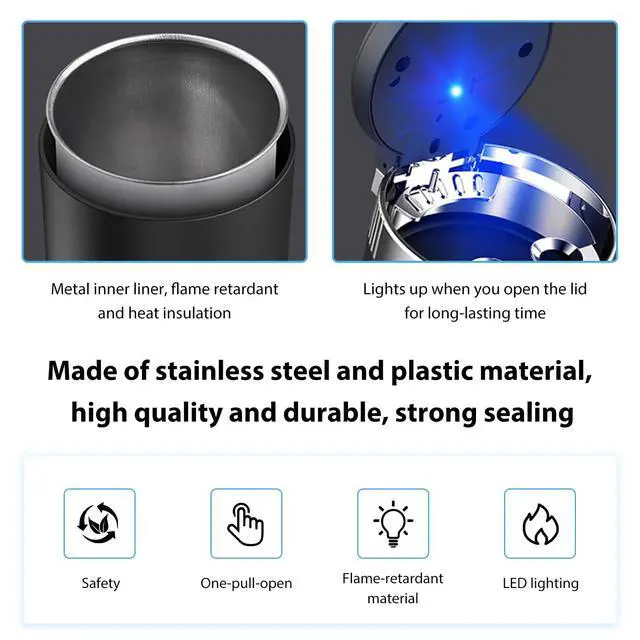 Alt view image 3 of 6 - Car Ashtray with Lid, Smokeless Stainless Steel Vehicle Ash Tray with LED Light, Easy Clean Up Detachable Cylinder Ashtray Portable Trash Can for Road Trip, Car Accessories (Blue)