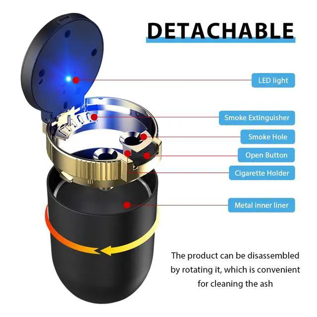 Alt view image 4 of 6 - Car Ashtray with Lid, Smokeless Stainless Steel Vehicle Ash Tray with LED Light, Easy Clean Up Detachable Cylinder Ashtray Portable Trash Can for Road Trip, Car Accessories (Blue)