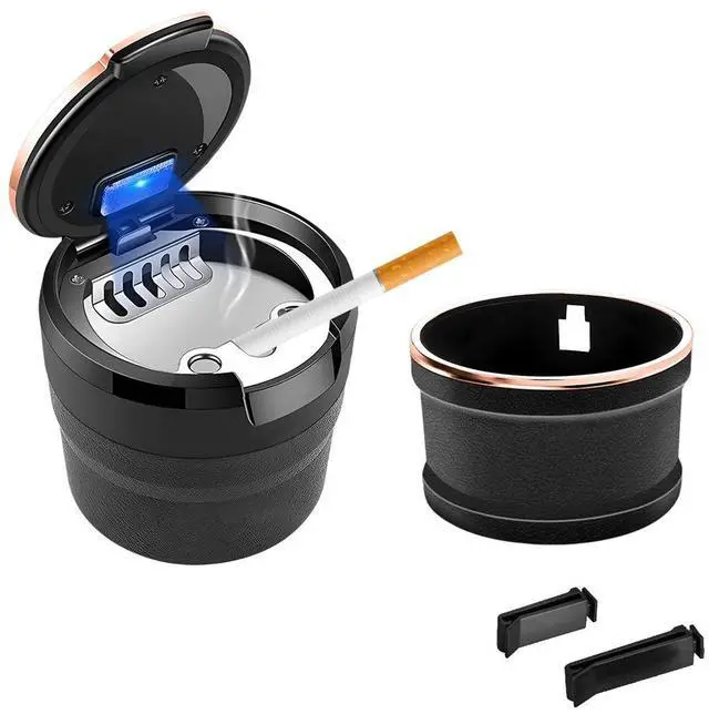 Main image of Car Ashtray with Lid, Detachable Auto Smokeless Ash Tray with LED Blue Light, Portable Ashtray for Vehicle Cup Holder and Air Vent Home Office, Interior Car Accessories (Black & Rose Golden)