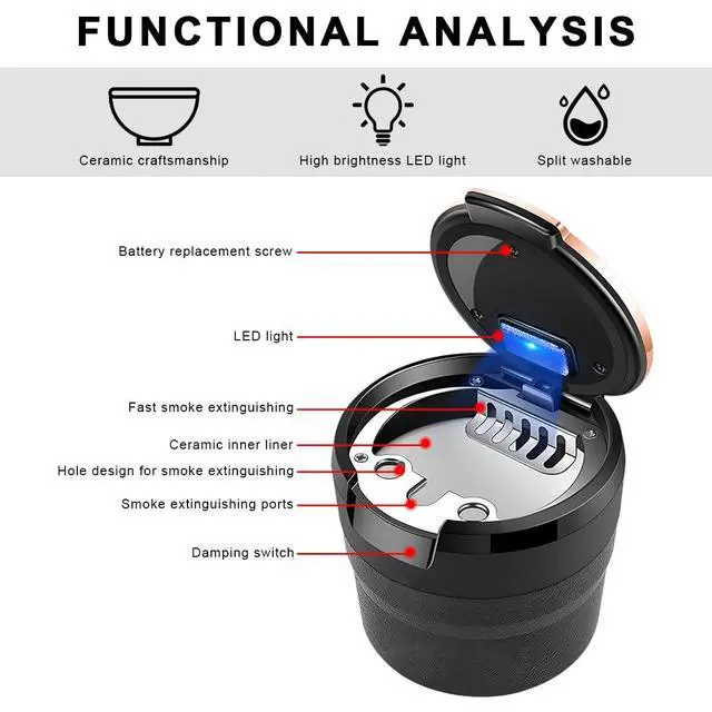 Alt view image 5 of 6 - Car Ashtray with Lid, Detachable Auto Smokeless Ash Tray with LED Blue Light, Portable Ashtray for Vehicle Cup Holder and Air Vent Home Office, Interior Car Accessories (Black & Rose Golden)
