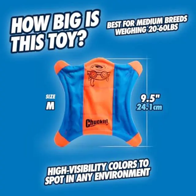Alt view image 4 of 6 - Flying Squirrel Fetch Dog Toy - Water Floating Flyer - Soft and Durable Polyester Canvas Construction - For Medium Dogs - Size Medium - 9.5-inch Diameter - Pack of 1 - Orange and Blue