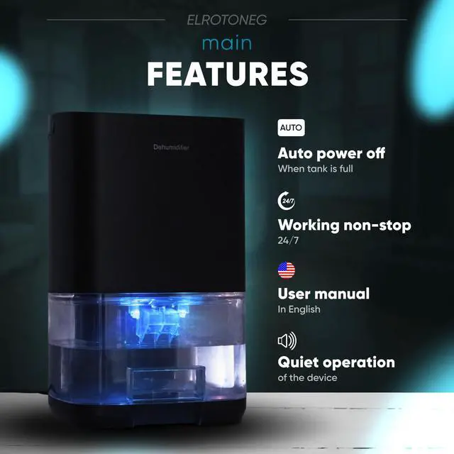 Alt view image 3 of 7 - Dehumidifier ELROTONEG, 35 OZ Water Tank (300 sq. ft), Small Dehumidifier for Basement with Auto-Off, Sleep Mode and LED Lighting (Black)