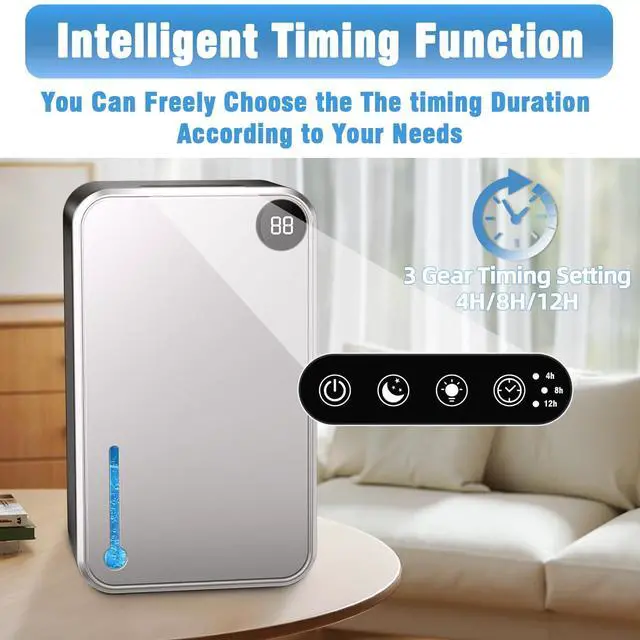 Alt view image 4 of 7 - Dehumidifier, Small Dehumidifiers Quiet with Auto Shut Off, Humidity Display Dehumidifier for Bedroom/Bathroom, Timer, Drain Hose, 7-color LED light, Moisture Absorbers (Grey)