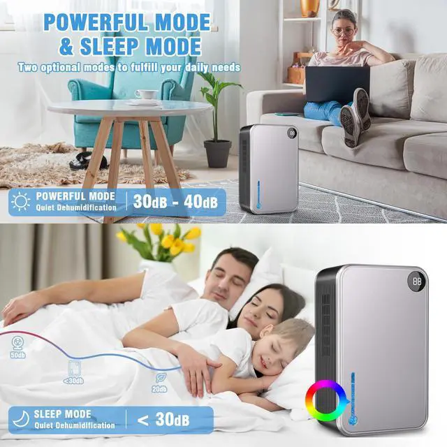 Alt view image 5 of 7 - Dehumidifier, Small Dehumidifiers Quiet with Auto Shut Off, Humidity Display Dehumidifier for Bedroom/Bathroom, Timer, Drain Hose, 7-color LED light, Moisture Absorbers (Grey)