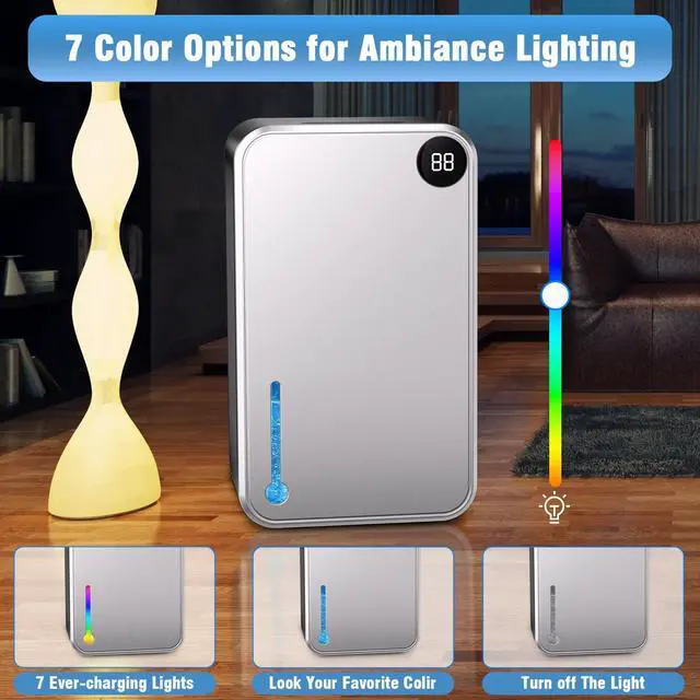 Alt view image 7 of 7 - Dehumidifier, Small Dehumidifiers Quiet with Auto Shut Off, Humidity Display Dehumidifier for Bedroom/Bathroom, Timer, Drain Hose, 7-color LED light, Moisture Absorbers (Grey)
