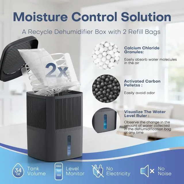 Alt view image 3 of 7 - Moisture Absorber 1000ml (34OZ) x 2 Pack, Disposable Dehumidifier with Refiil Bags, Portable Dehumidifier for your Bathroom, Closet, RV, Kitchen and Bedroom, 15, No Electricity Required