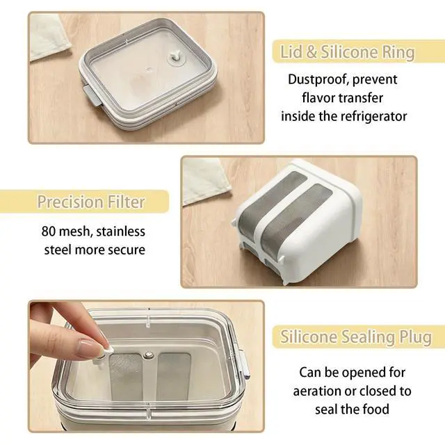 Alt view image 3 of 6 - Greek Yogurt Strainer with Lid, 1100ml Large Capacity Yogurt Maker Filter with Fine Mesh Bag, Whey Separator Kitchen Tool for Thick Yogurt Soybean Milk Kefir Cheese Soup Fruit Juice Coffee