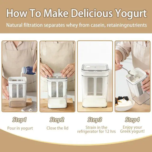 Alt view image 4 of 6 - Greek Yogurt Strainer with Lid, 1100ml Large Capacity Yogurt Maker Filter with Fine Mesh Bag, Whey Separator Kitchen Tool for Thick Yogurt Soybean Milk Kefir Cheese Soup Fruit Juice Coffee