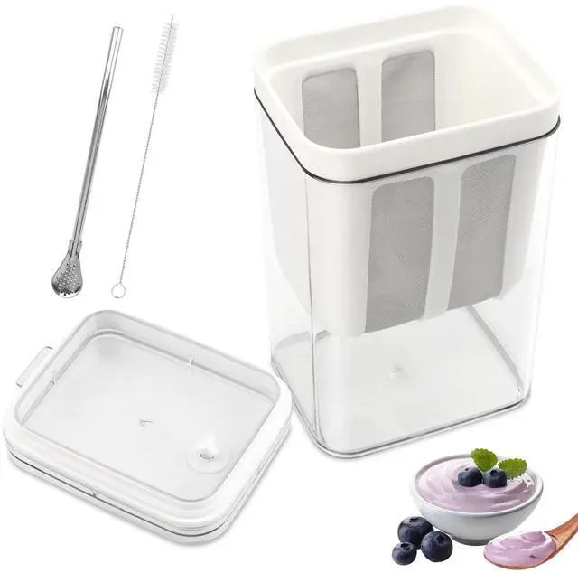 Main image of Greek Yogurt Strainer,1100ml Yogurt Strainer Separator,Yoghurt Maker with Fine Mesh Bag & Lid for Thick Greek Yogurt, Soybean Milk,Berries,Soup,Fruit Juice,Coffee(White,Size:10.8 * 9 * 17.6cm)
