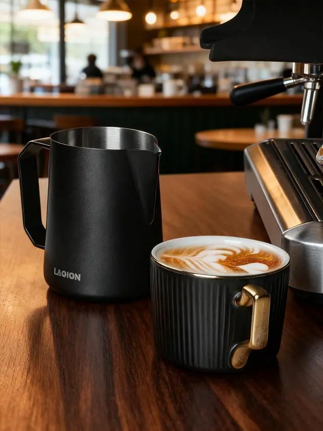 Alt view image 5 of 7 - Milk Frother Cup Milk Frothing Pitcher, Stainless Steel Milk Steamer Cup for Espresso Machines, Barista Grade Latte Art Pitcher at home, Advanced Barista Approved Tools 15.2oz(450ml), Black