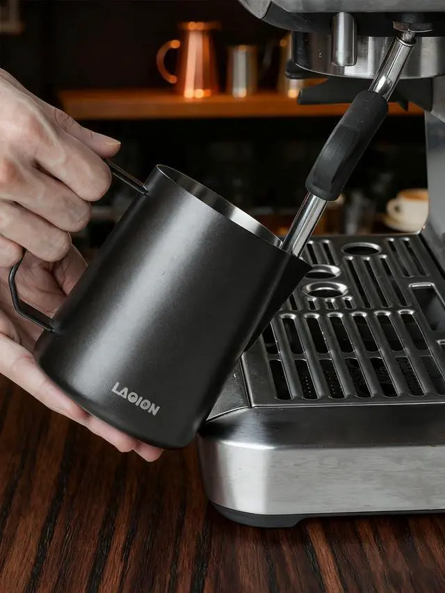 Alt view image 6 of 7 - Milk Frother Cup Milk Frothing Pitcher, Stainless Steel Milk Steamer Cup for Espresso Machines, Barista Grade Latte Art Pitcher at home, Advanced Barista Approved Tools 15.2oz(450ml), Black