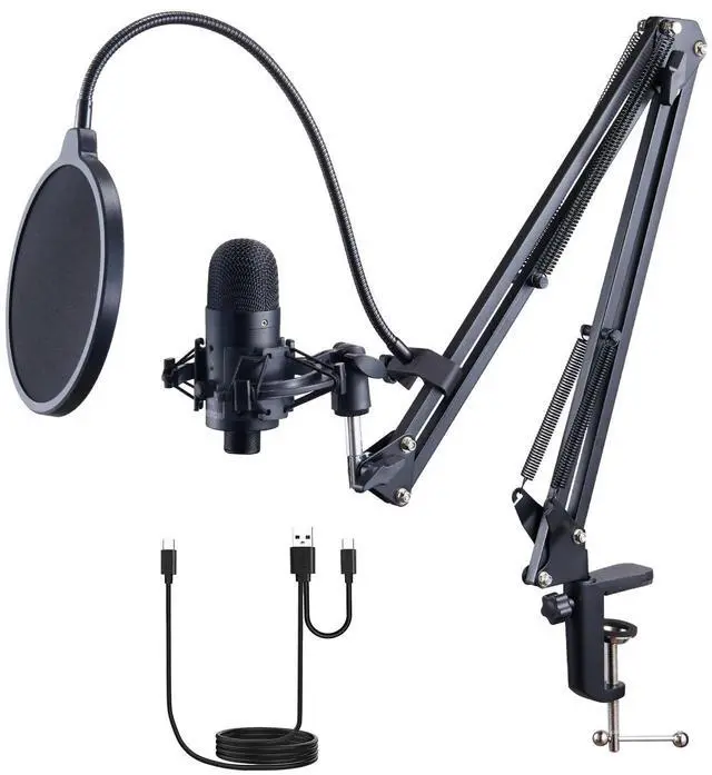 Main image of USB Microphone, 192kHz/24-bit, Professional Condenser Microphone Kit, with Boom Arm Stand Pop Filter Shock Mount Mute Button Headphones Jack, for Podcast Recording Video Gaming Singing Streaming