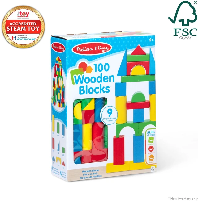 Alt view image 3 of 7 - Wooden Building Blocks, 100-Piece Set of Sorting & Stacking Toys in 4 Colors and 9 Shapes, Classic Toddler Toys for Girls & Boys Ages 2+ - FSC Certified