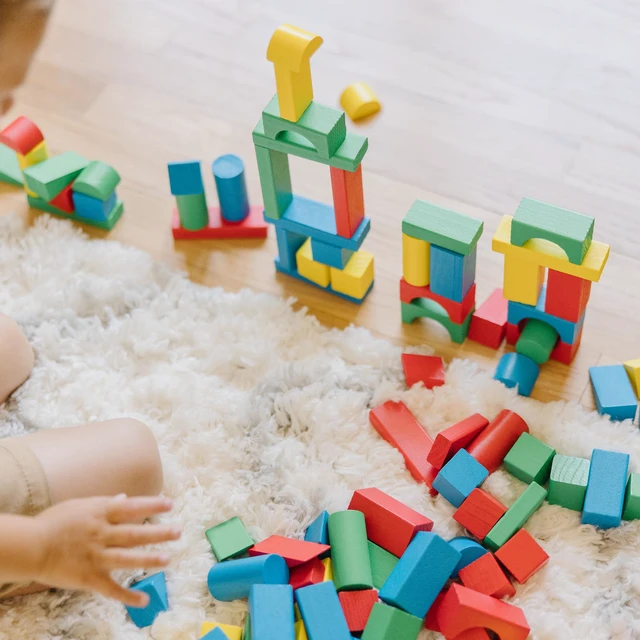 Alt view image 6 of 7 - Wooden Building Blocks, 100-Piece Set of Sorting & Stacking Toys in 4 Colors and 9 Shapes, Classic Toddler Toys for Girls & Boys Ages 2+ - FSC Certified