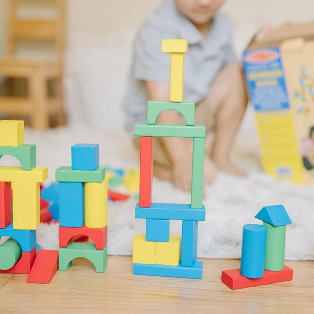 Alt view image 7 of 7 - Wooden Building Blocks, 100-Piece Set of Sorting & Stacking Toys in 4 Colors and 9 Shapes, Classic Toddler Toys for Girls & Boys Ages 2+ - FSC Certified