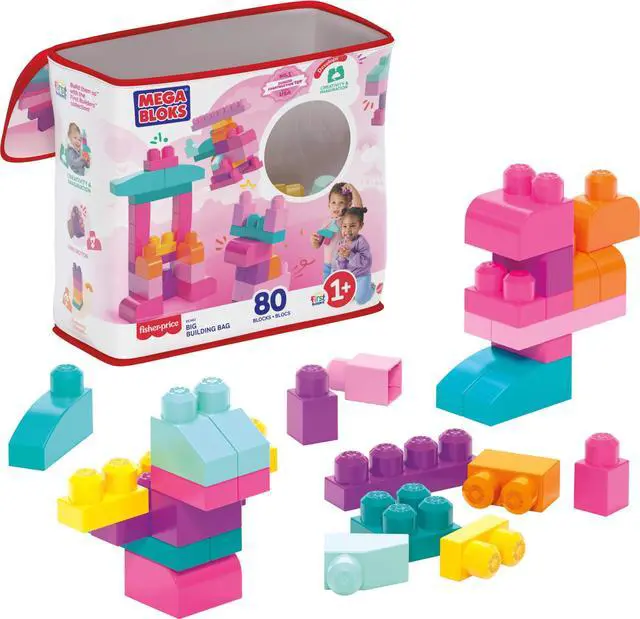 Main image of First Builders Toddler Blocks Toys Set, Big Building Bag Collection with 80 Pieces and Storage, Pink, Ages 1+ Years