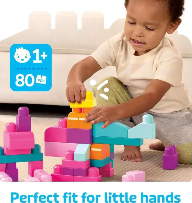 Alt view image 5 of 7 - First Builders Toddler Blocks Toys Set, Big Building Bag Collection with 80 Pieces and Storage, Pink, Ages 1+ Years