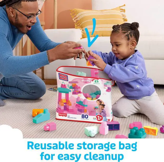 Alt view image 7 of 7 - First Builders Toddler Blocks Toys Set, Big Building Bag Collection with 80 Pieces and Storage, Pink, Ages 1+ Years